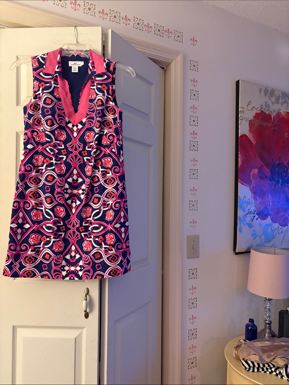 Vineyard vines Pink & Navy Sleeveless V-Neck Printed Shift Dress